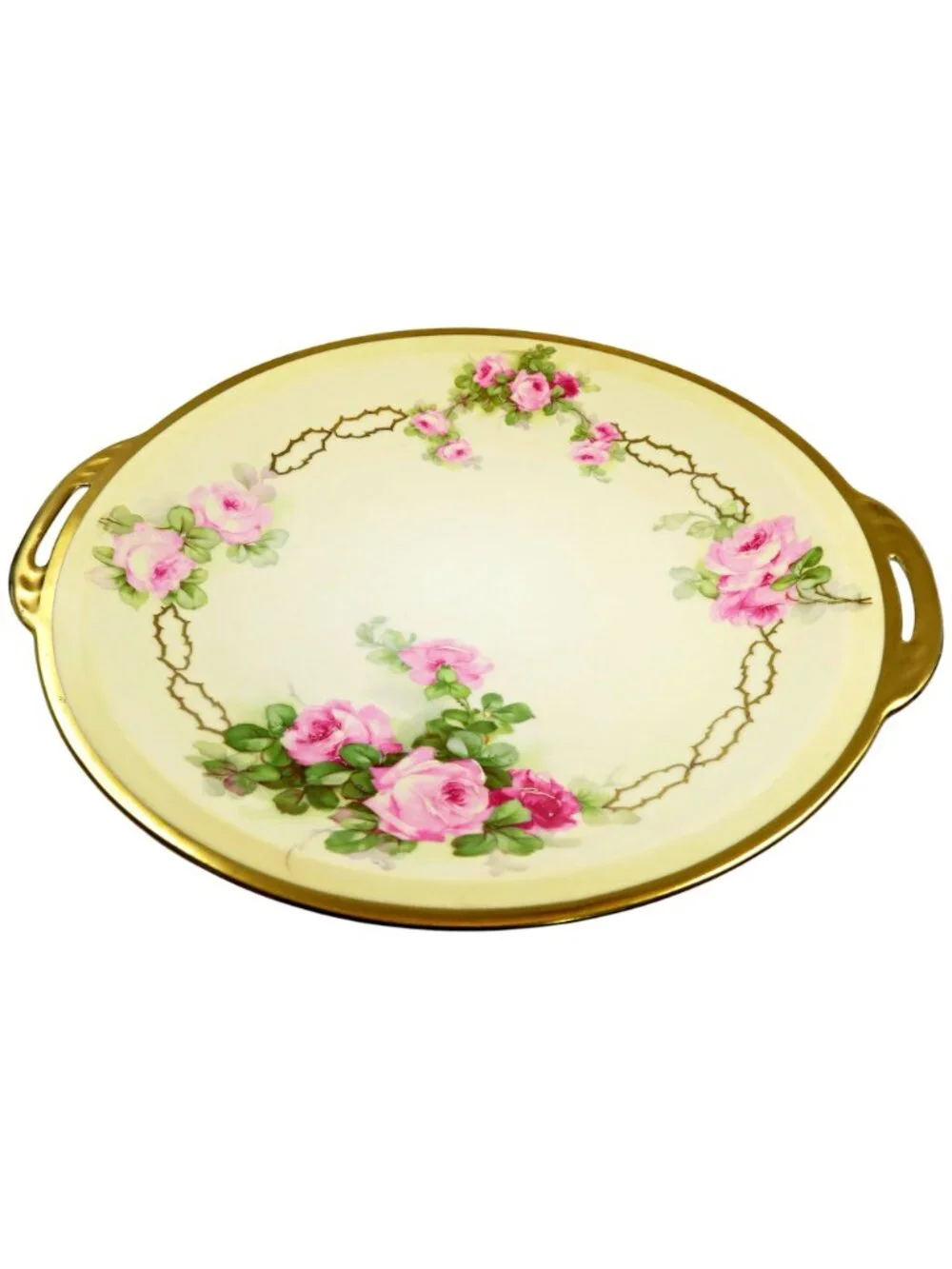 Royal Rudolstadt Prussia 11" Hand-Painted Rose, Handled Serving Plate, Gold Trim - Picture 2 of 5